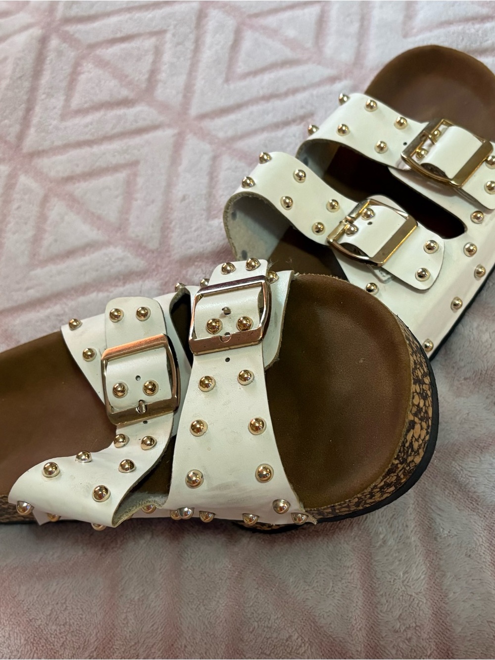SHEIN White Studded Double-Buckle Cork Slide Sandals